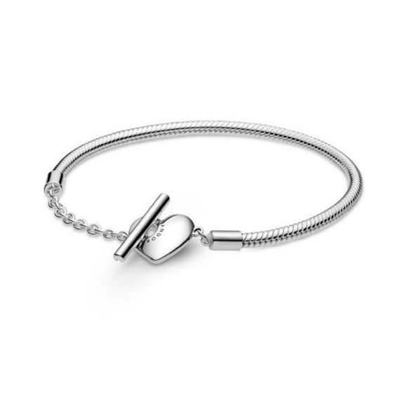 Like New Pandora Moments Silver Heart T-Bar Snake Chain Bracelet w/ Pandora Box - Picture 2 of 10